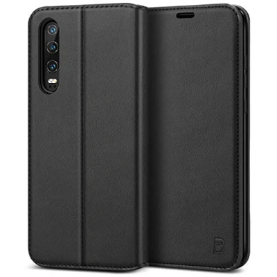 Bild av BEZ Huawei P30 fodral, telefonfodral kompatibel med P30, skyddande plånboksfodral i PU läder, en korthållare, sparkstativ, magnetisk stängning, svart
