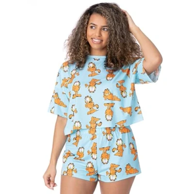 Bild av Garfield pyjamas för kvinnor Vuxna damer Beskuren T shirt med shorts underdelar PJS Pastell Blå tecknad katt över hela tryck filmvaror