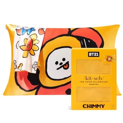 Bild av BT21 x Kitsch satinörngott med blixtlåsstängning, mjukare än mullbärssilke örngott standardstorlek 1 pack, kylande kuddöverdrag drottning för hår, hud hälsa och skönhet sömn, 48 66 cm, skormy