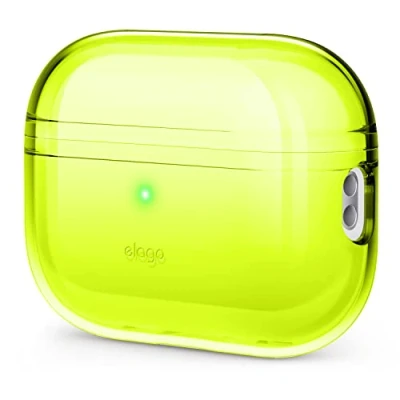 Bild av Elago Klart fodral kompatibelt med Apple AirPods Pro 2:a generationen skyddande fodral, stötsäker, geltejp ingår, trådlös laddning, minskar gulnande (neongul)