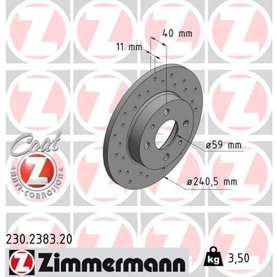 Bild av ZIMMERMANN COAT Z 230.2383.20 Disque de frein 240 11 6/4 4 98 plein, troué revêtu ABARTH: 500 / 595 695 3/5 portes, 500C 595C 695C Cabriolet