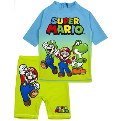 Bild av Super Mario baddräkt för pojkar Blå grön tvådelad topp och shorts barnspelare UV50+ solsäker baddräkt, BLÅ, 7 8 År
