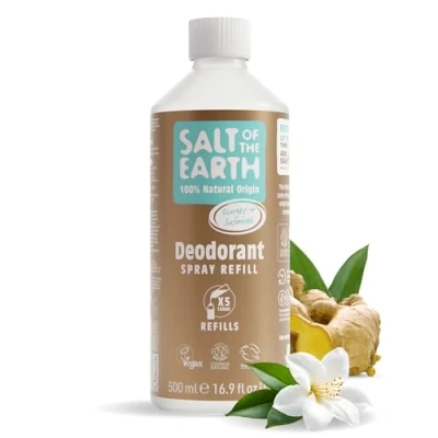 Bild av Natural Deodorant Spray Refill från Salt of the Earth, Ginger &amp; Jasmin Vegansk, Långvarigt Skydd, Godkänd av Leaping Bunny, Tillverkad i Storbritannien 500 ml