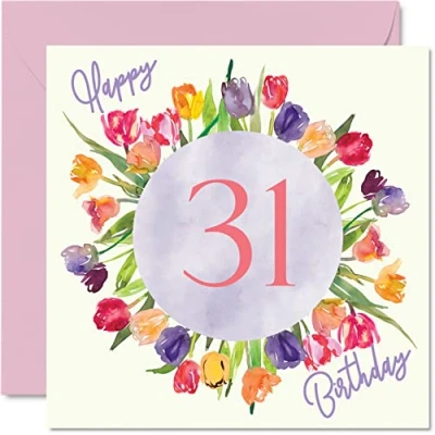 Bild av Vackra 34 års födelsedagskort för kvinnor akvarell tulpaner blommor bukett grattis på hennes dotter moster syster vän födelsedagspresenter, 145 mm x härliga blommiga gratulationskort present