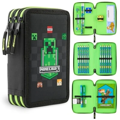 Bild av Minecraft Skolväska för pojke, tonårsflicka skolpennfodral med Kawaii skolmaterial ingår, present till barn, Aop svart, Taille unique,