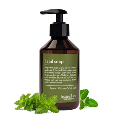 Bild av Jean &amp; Len handtvål Lemonverbena Mint, rengör ansträngda händer, lämplig för daglig användning, flytande tvål i pumpdispenser, citrusdoft, vegan, 250 ml