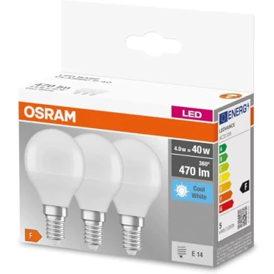 Bild av OSRAM LED BASE Classic P40, lampor med frostat filament i glas för E14 sockel, ljusform, kallt vitt (4000K), 470 lumen, ersätter vanliga 40W lampor, låda 3 st.
