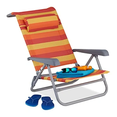 Bild av Relaxdays Vikbar solstol, justerbar, strandstol med nackkudde, armstöd och flasköppnare, gul/röd/orange, 1 styck