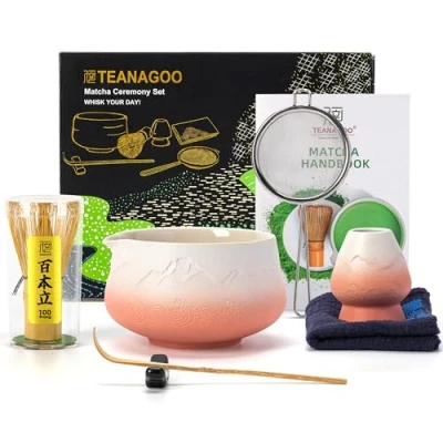 Bild av TEANAGOO Japansk matcha visp (7 st) set Mtacha Kit skål med hällpip bambu (chasen) Scoop (chashaku) visphållare. N35, Gradient rosa vit
