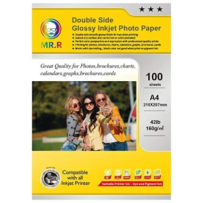 Bild av MR.R 160 g/m2 100 ark A4 dubbelsidigt glansigt bläckstrålefotopapper utskrivbart blixttorrt fotopapper vattentätt ljusa vita fotoark