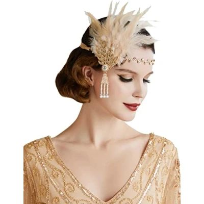 Bild av BABEYOND Dampannband med fjäder, 1920 tals stil, klaff, Art Deco, inspirerad av Great Gatsby, blad, blinkande kristaller, hårband, champagne, En Storlek
