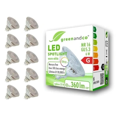 Bild av 10x greenandco CRI 97+ 2700K 110 LED spot ersätter 25W GU5.3 MR16 halogenstrålkastare, 6W 360lm varmvit 12V AC/DC, flimmerfri, inte dimbar