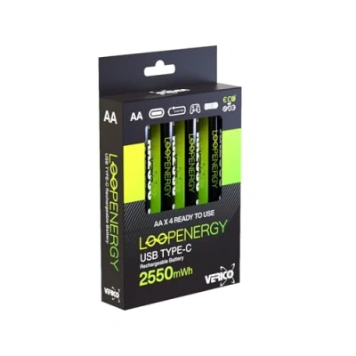 Bild av VERICO LoopEnergy AA 2550 uppladdningsbart USB C batteri 1,5 V mWh (1 700 mAh) Li Ion batteri, snabbladdning via anslutning i ca 2 timmar, 4 x AA, färg: grön