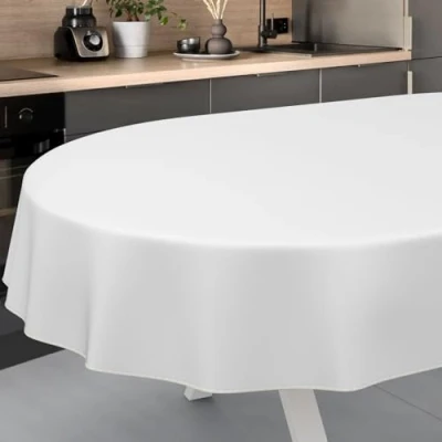 Bild av vaxduk bordsduk tvättbar trädgårdsduk utomhus inomhus oval 220 x 140 cm med fåll vit