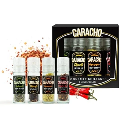 Bild av CARACHO Chilikvarnset, 4 minikvarnar i presentset, högkvalitativa chilier med olika skärpgrader, chilikryddset, chiliflingor kvarnar