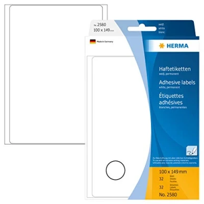 Bild av HERMA 2580 multifunktionsetiketter stora (100 x 149 mm, 32 ark, papper, matt) självhäftande, permanenta hushållsetiketter för handskriven märkning, klistermärken, vit