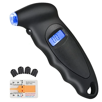 Bild av URAQT Däcktrycksmätare, 4 Rader Digital Uppblåsningsdäck Med Däckspårdjup Mätare och st Ventilkepsar, Bakgrundsbelysning LCD Display 150 PSI ABS Halkfritt Grepp för Bil, Lastbil, Cykel, Motorcyklar