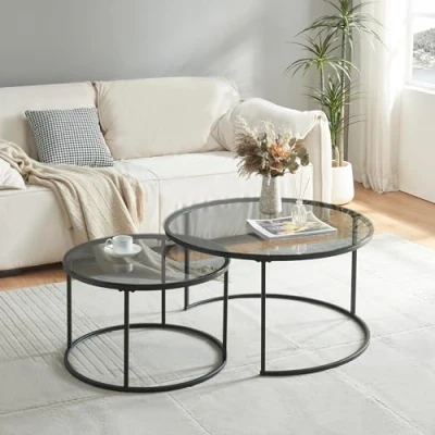 Bild av [en.casa] Soffbordsset Kokkola sidobord bordsbord vardagsrumsbord soffbord runt rökglas 4 mm/svart