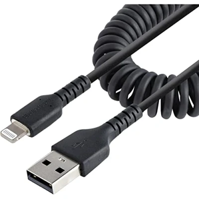 Bild av StarTech.com 50 cm (20 tum) USB till Lightning kabel, MFi certifierad, upprullad iPhone laddningskabel, svart, hållbar TPE jacka Aramidfiber, kraftig spole kabel (RUSB2ALT50 CMBC)