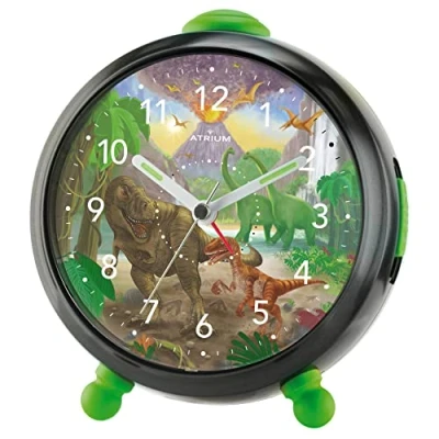 Bild av Atrium Barnväckarklocka pojkar T Rex Time dinosaurier svart grön analog kvarts utan tickande med ljus och snooze A932 4