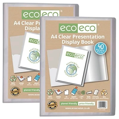 Bild av eco A4 storlek 50% återvunnen 40 fickor klar presentationsbok, förvaringsfodral portfölj konstmapp med plasthylsor, (förpackning 2), eco098 x 2