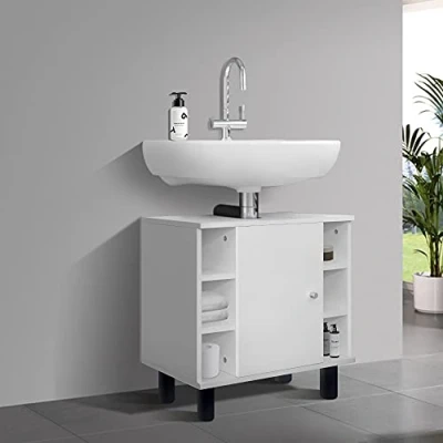 Bild av ML Design tvättställsunderskåp vit 60x54x32 cm, med dörr och 6 hyllor, mycket förvaringsutrymme, av MDF trä, badrumsskåp tvättställ