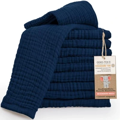Bild av LAYNENBURG Set om 10 premium dregellindukar baby av extra mjuk muslin 100 % bomull 30 x 50 cm Oeko Tex muslindukar som muslinblöjor eller tygblöjor (blå)