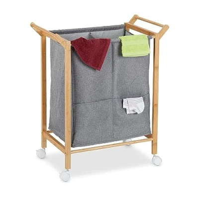 Bild av Relaxdays Tvättkorg, 2 fack, 80 l, tvättkorg på rullar, bambu och tyg, H x B D: 76 65 35 cm, natur/grå, bambu, polyester, plast