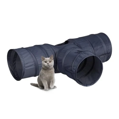 Bild av Relaxdays Kattunnel, hopfällbar, HBT: 25 x 86,5 53 cm, lektunnel, 3 vägs, kattrör, polyester, grå
