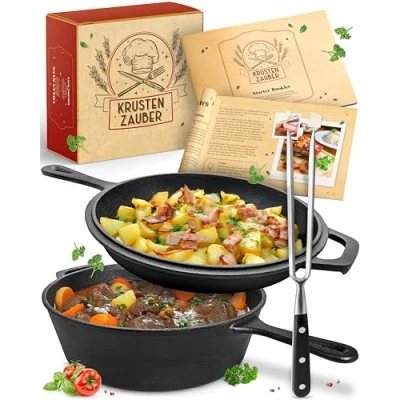 Bild av KRUSTENZAUBER gjutjärnsgryta [inkl. köttgaffel] robust 26 cm gjutjärnspanna perfekt som induktion gryta, med lock, lämplig för ugn, holländsk ugnsset, kazan