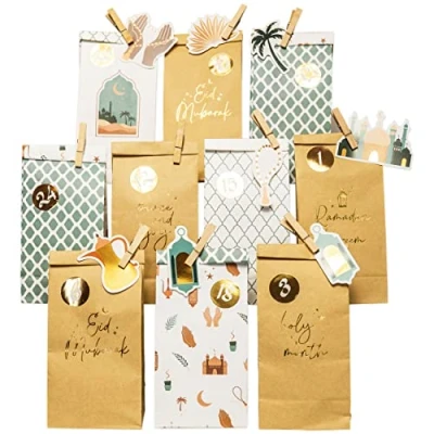 Bild av Papierdrachen DIY Ramadankalender att fylla för barn och vuxna tryckta kraftpapperspåsar i mint guld sätta upp dekorera Eid Mubarak återanvändbara set 5