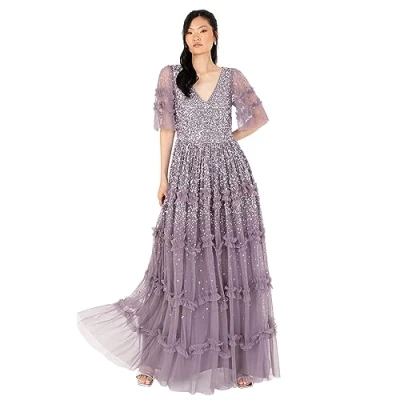 Bild av Maya Deluxe maxiklänning för kvinnor V ringad paljett utsmyckad volang detalj bröllop gäst brudtärna bal tillfälle balklänning, Moody Lilac, 42