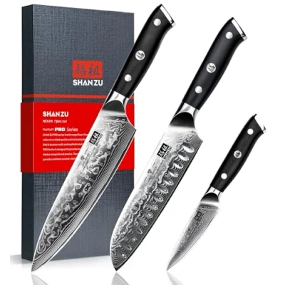 Bild av SHAN ZU 3 delad Damaskus Köksknivset, Japanskt Knivset 67 lager Superskarpt Stål, Kockkniv, Santoku kniv, Skalkniv PRO Series
