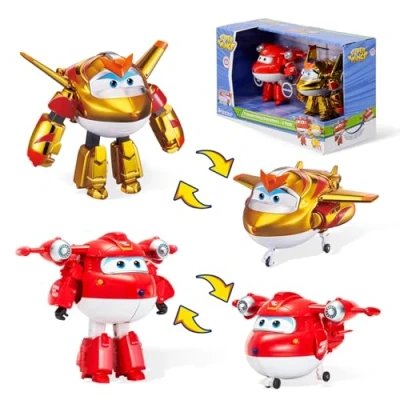 Bild av Super Wings säsong 6 figurer, robotar, förvandlingsbara, tecknad design, Jett SC + Golden Boy, leksaker för barn 3 4 5 7 8 år (2 x 12 cm)