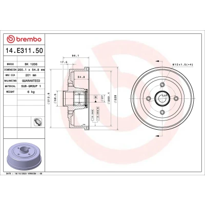 Bild av BREMBO 14.E311.50 Bromstrumma med hjullagersats 200,1mm OPEL: Corsa C Hatchback, Tigra Twintop