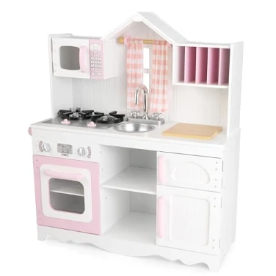 Bild av KidKraft Modernt Country barnkök av trä med fönstergardiner, lekkök i lantlig stil, rosa och vit, leksaker från 3 år, 53222 [exklusivt hos Amazon]