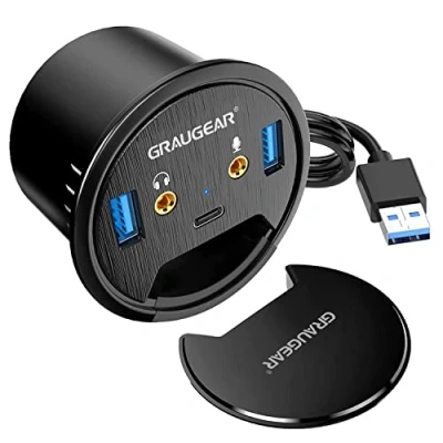 Bild av GRAUGEAR USB 3.0 table hub, 3 ports, 1 x C, 2 A, audio I/O, installation in 60 mm desk hole, cable length 150 cm, dust cover, 5 Gbit/s, G THUB AU