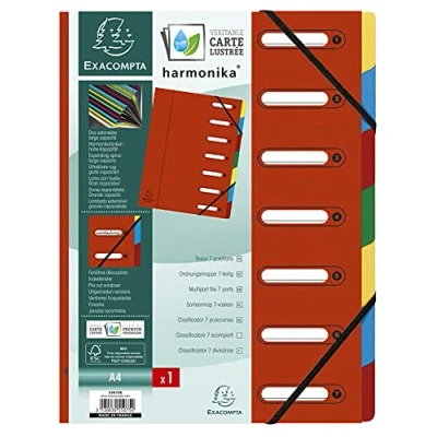 Bild av Exacompta Ref 55075E 1 HARMONIKA sorteringsverk med resårer och utskurna fönster glansigt papphölje expanderbar baksida 7 fack för A4 storlek 24,5 x 32 cm färg röd