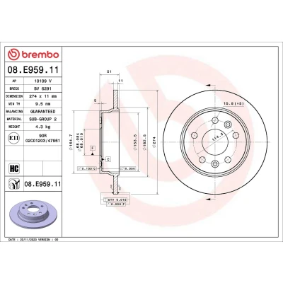 Bild av BREMBO Bromsskiva 274mm 11mm 5 full belagd höguppkolat 08.E959.11 440A09225R Bromsskivor