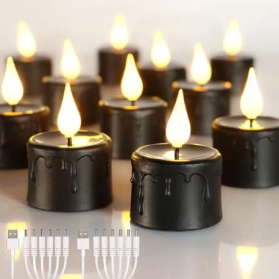Bild av yunsheng 12 st svart uppladdningsbara flamlösa värmeljus ljus med 6H timer, batteridriven LED elektriska 2 stycken USB kablar, flimmer för hem lykta ljushållare dekoration