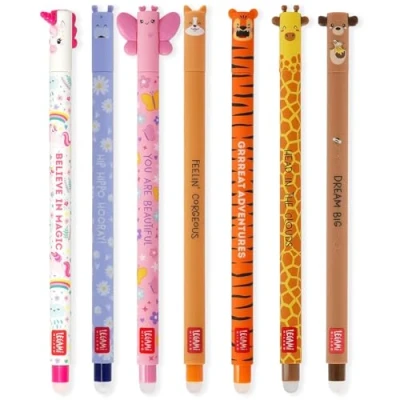 Bild av LEGAMI Uppsättning av 7 raderbara gelpennor med termokänsligt raderingsbläck, utbud bläckfärger och cylinderdesign, 0,7 mm spets, enhörning, flodhäst, fjäril, corgi, tiger, giraff,