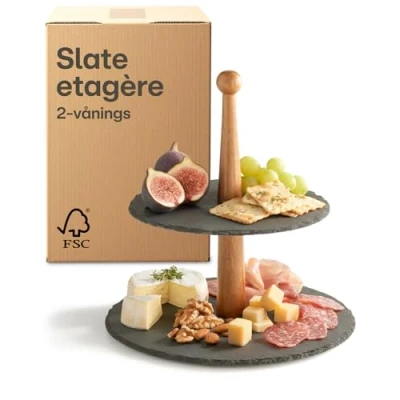 Bild av Praknu 2 vånings Slate Etagère Rund med 𝗙𝗦𝗖® Akacieträ Elegant Servéringsställ för Desserter &amp; Frukt Perfekt Fester Dekoration