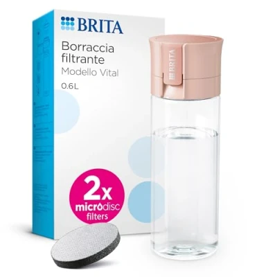 Bild av BRITA Vattenfilterflaska modell Vital aprikos (600 ml) inkl. 2 MicroDisc filter praktisk vattenflaska med vattenfilter för resor, filtrerar klor och bakterier vid drickning/diskmaskinssäker