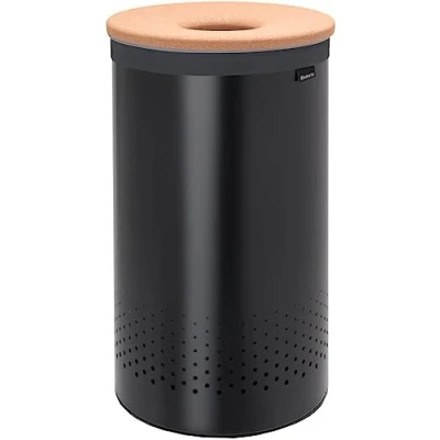 Bild av Brabantia Wäschekorb Quick Drop Öffnung Perfekt sitzenden Baumwollwäschesack Korrosionsfrei Mit Belüftungslöcher Korkdeckel Wäschesammler, Tvättkorg med Korklock, Matt Black, 60L
