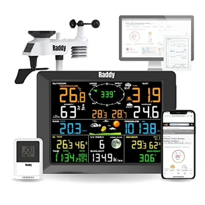 Bild av Raddy WF 100C väderstation med radiosensor för utomhusbruk, 14 IN 1 Wlan inomhus utomhustermometer 10 tums digital färgskärm, vindmätare, regnmätare, solsensor hem, kontor, köksträdgård