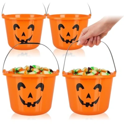 Bild av COM FOUR® 4x Halloween pumpa hinkar plasthinkar i design för att samla godis insamlingspåse med handtag