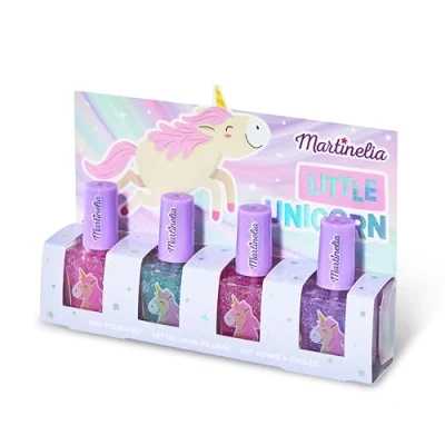 Bild av Martinelia Enhörning barn manikyrset set med 4 glitter nagellack rosa, lila och blå vattenbaserat för vattenbaserad barnlack glittrande naglar