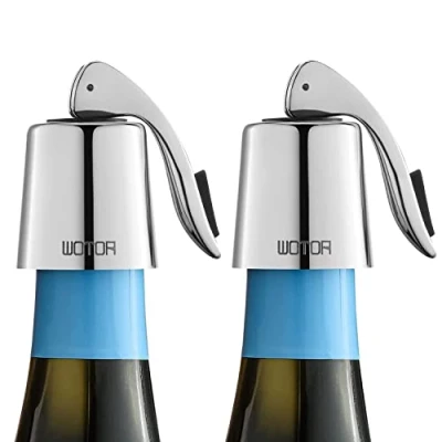 Bild av WOTOR Rostfritt stål vinflaskproppar med silikon återanvändbar vinbesparare och dekorativ flaskförseglare, läckagesäker, håller sig fräsch, silver, 2 pack