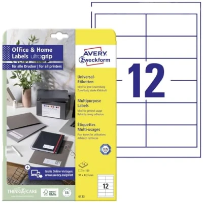 Bild av AVERY Zweckform 6123 adressklistermärken (120 självhäftande etiketter, 97 x 42,3 mm till A4, utskrivbara avsändaretiketter, adressetiketter med ultragrip, perfekt för HomeOffice) 10 ark,
