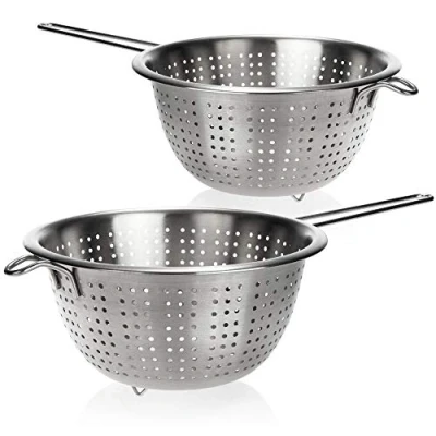 Bild av COM FOUR® 2x köksfil i rostfritt stål klassisk pastasikt med handtag rund durkslag för tvättning av frukt, grönsaker och sallader (2 stycken handtag)